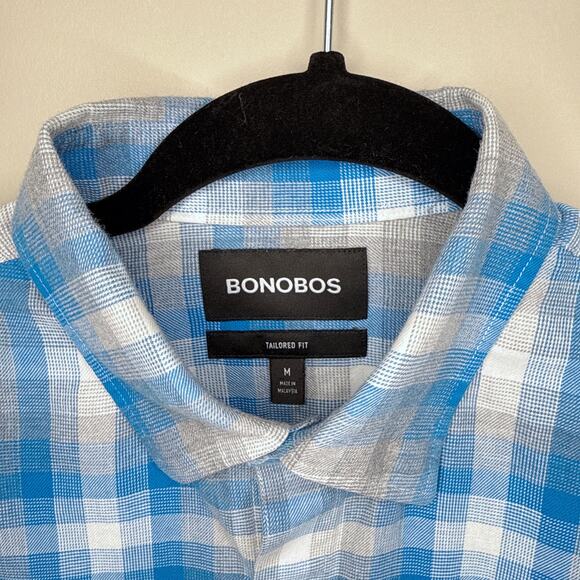 Bonobos Men's Tailored Fit Blue Gray White‎ Plaid Medium Button Front Shirt - Picture 4 of 7